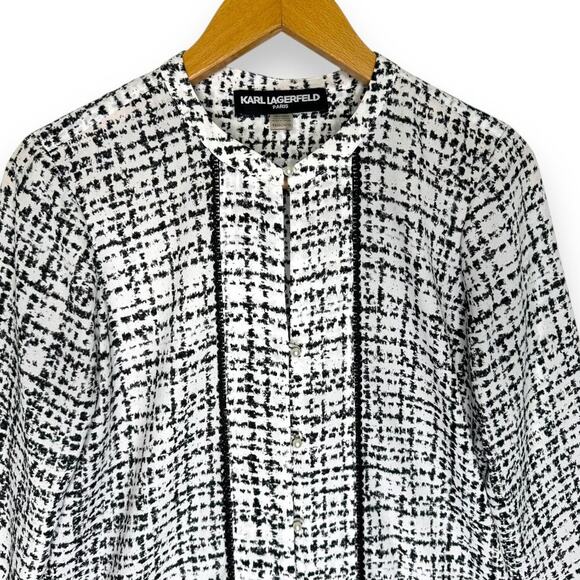Karl Lagerfeld Paris Women's Pearl Button Top Size XS White Black Tweed Print - Picture 2 of 9